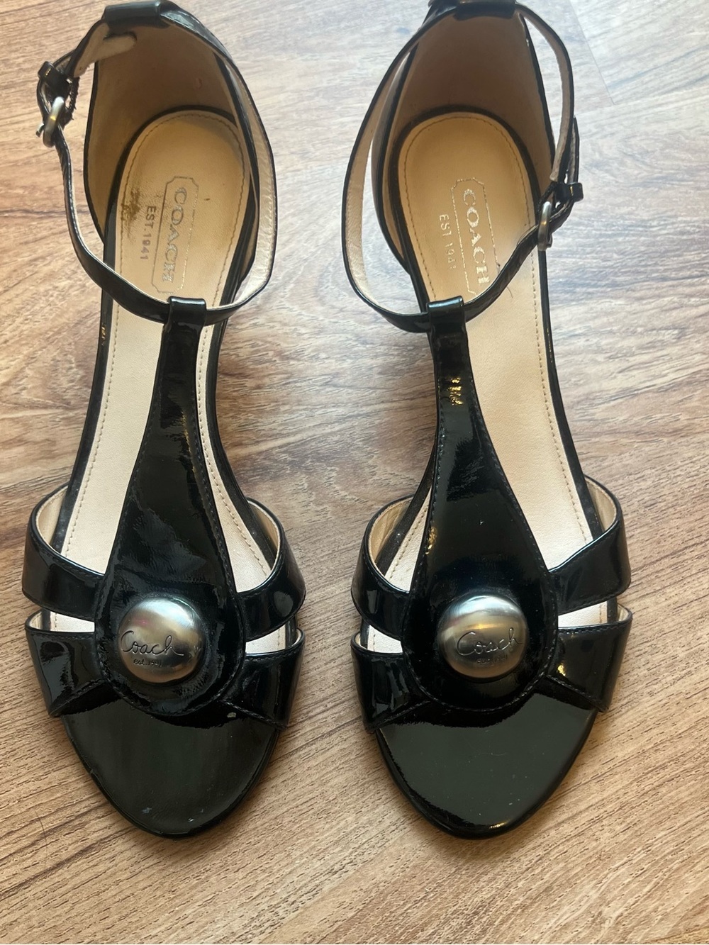 Vintage Coach Black Patent Leather T-Strap Heels with Silver Medallion